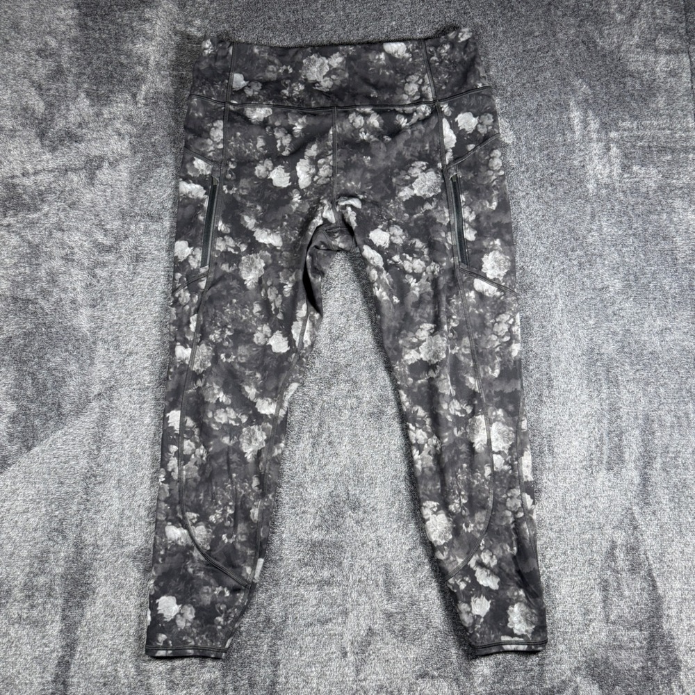 Athleta Rainier Printed Tight Floral Leggings Grey White XL Zip Pockets